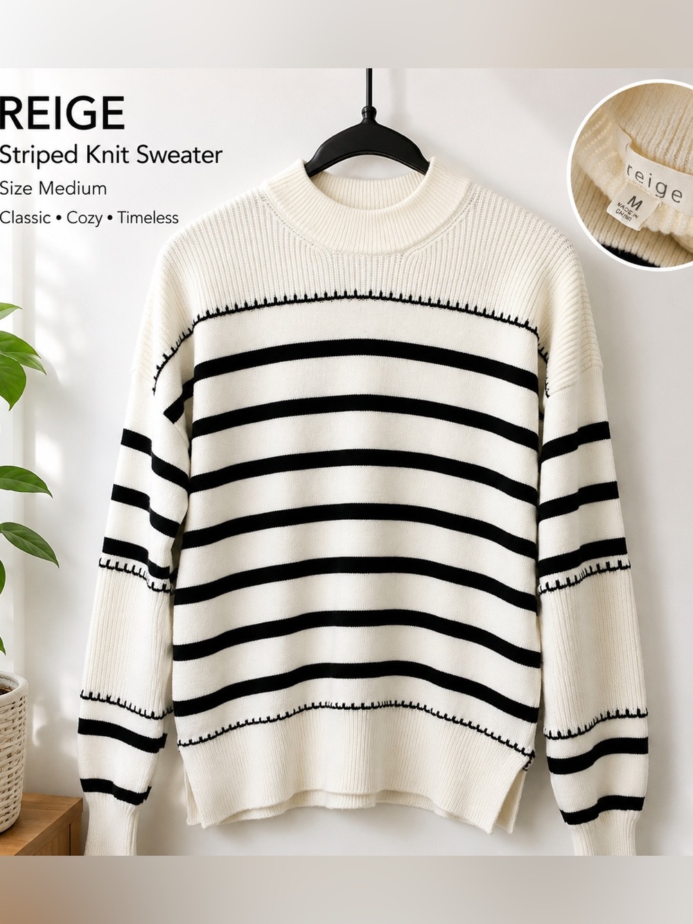 Greige Cream & Black Striped Mock Neck Knit Sweater – Size M